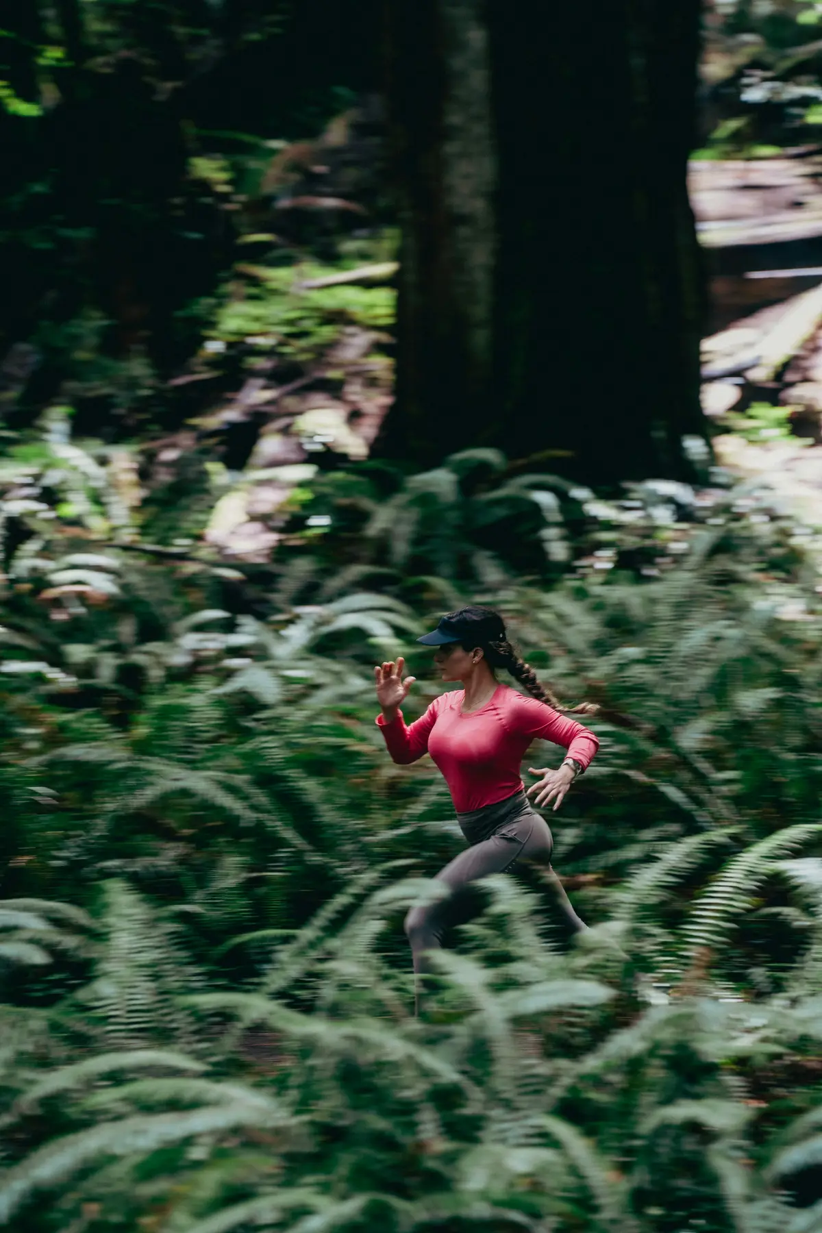 A woman trail running through ferns in a conifer forest